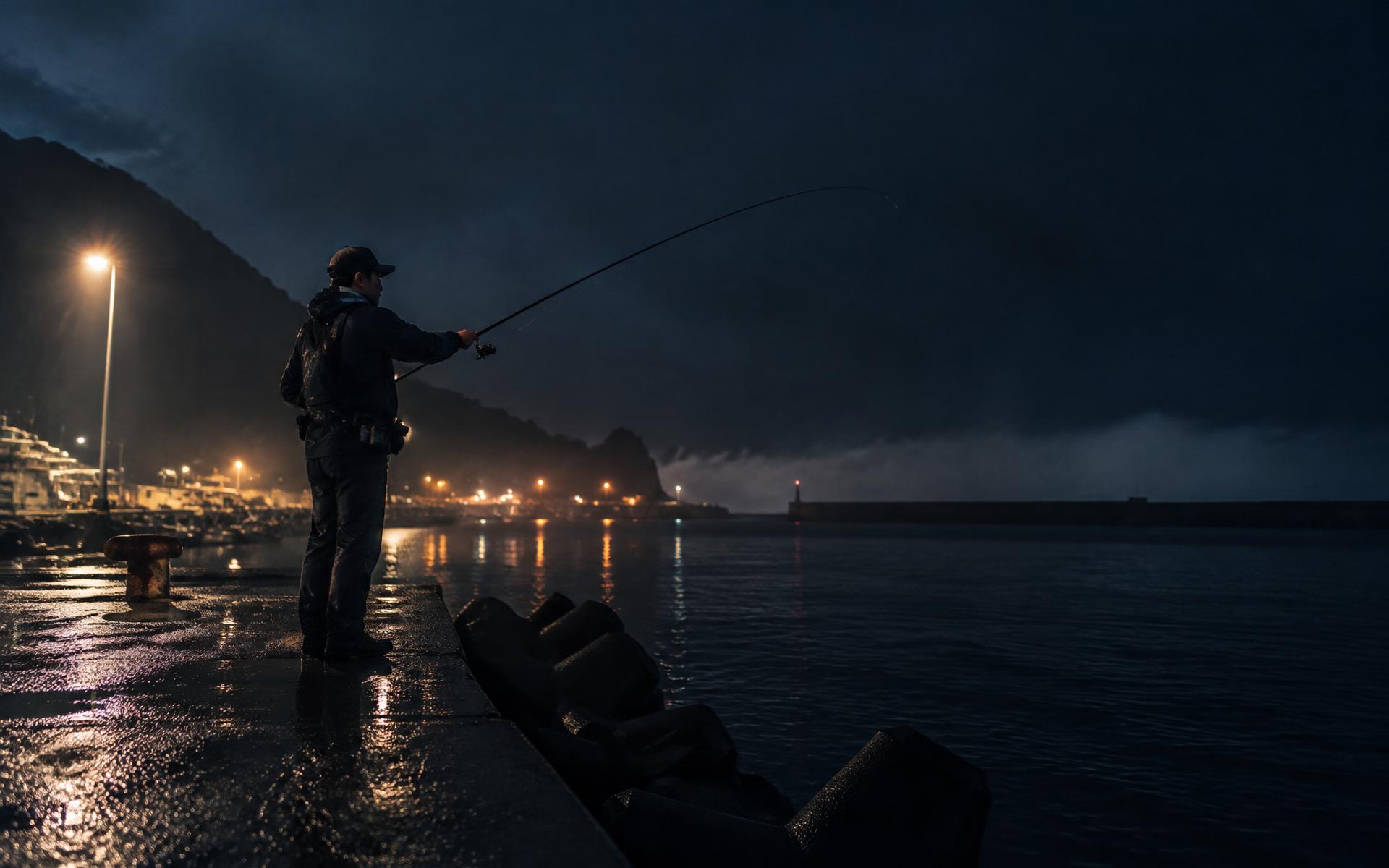 Angler casting an ultra-light rod from a harbour wall on the Japanese coast at night